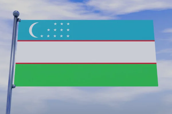 Illustration Flag Uzbekistan Chrome Flag Pole Snap Hooks Blue Sky — Stock Photo, Image