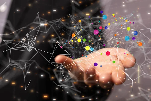 a shot of flying communication particles flying over hands