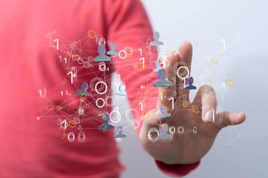 A person's hand tapping on the screen with illustrative people icons. Concept of communication.