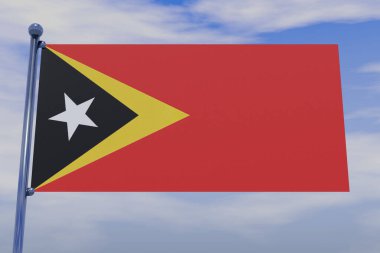 Mavi gökyüzünde krom bir bayrak direğiyle Timor-Leste bayrağının 3 boyutlu bir çizimi