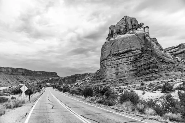 Grayscale Shot Open Road Next Yellowstone National Park Cloudy Sky — Stock Photo, Image