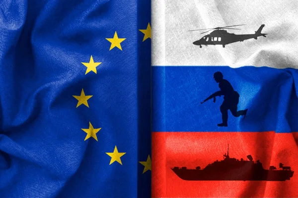 Split Illustration European Union Russia Military Silhouettes Depicting War — Stock Photo, Image