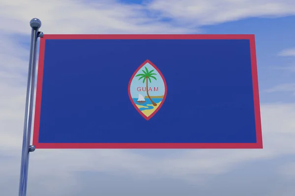 关岛国旗的3D图像 带有彩色旗杆 蓝天上有钩子 — 图库照片