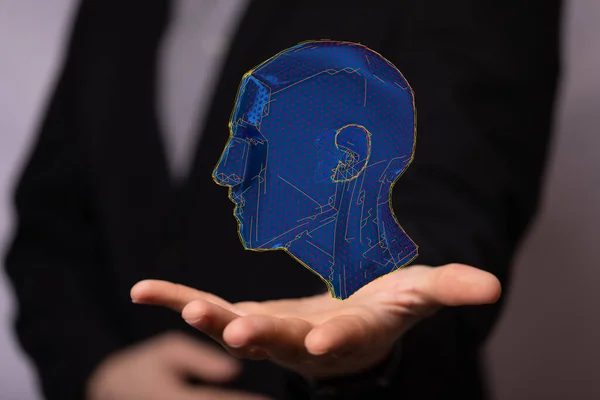 Niebieski Holograficzny Cyfrowy Styl Głowy Człowieka Liczbami Ręku Człowieka Koncepcja — Zdjęcie stockowe
