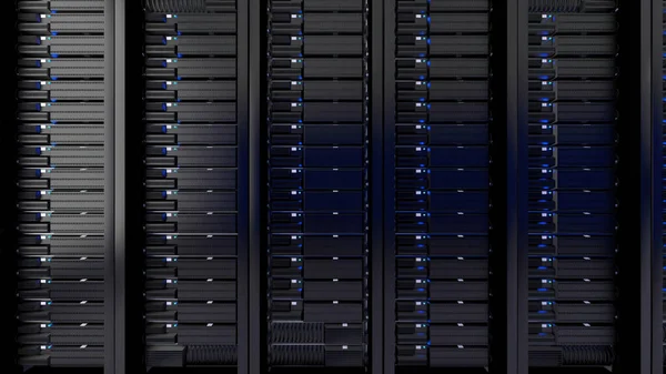 A 3D rendering of multiple computer racks in the server room