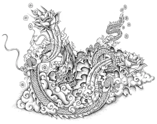 A digital black white tattoo illustration of a dragon with detailing