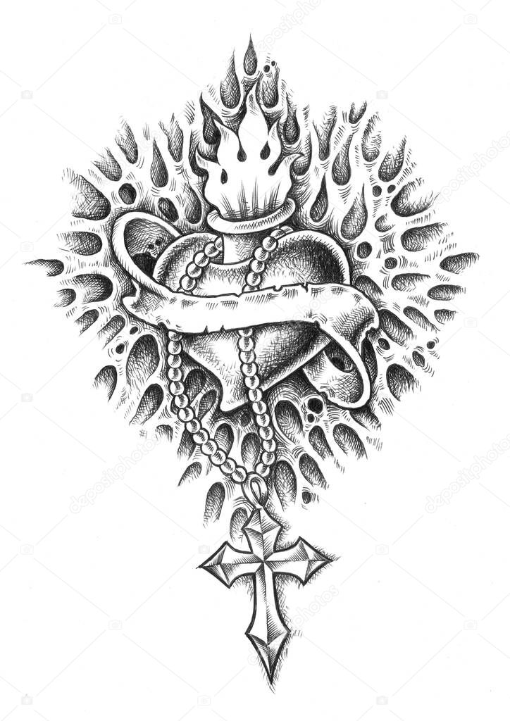A digital black white tattoo illustration of a heart with rosary and flames