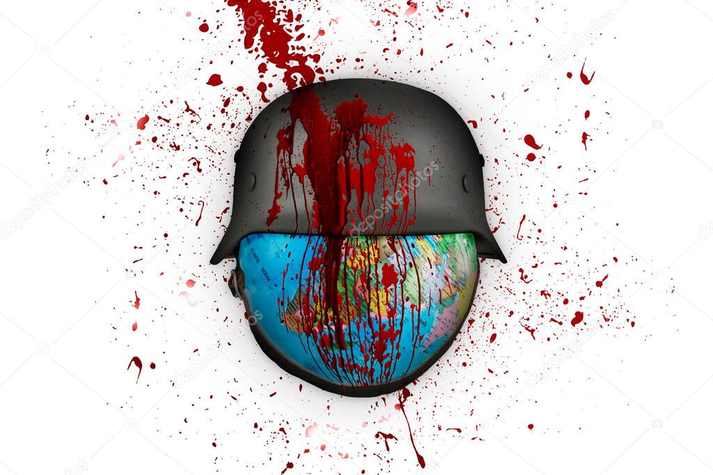 An illustration of a bloodied globe in a helmet isolated on a white background depicting the war