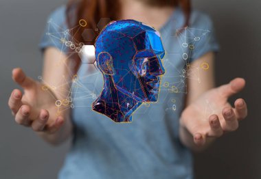 İnsan kafasının dijital 3D görüntüsüne sahip bir kadının elleri. Yapay zeka kavramı.