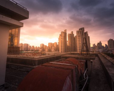 Beautiful sunset over a strip of downtown Shanghai
