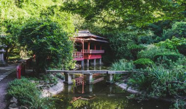 A Japanese botanical garden with pond and gazebo. Romania