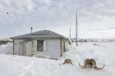 The Royal Canadian Corps of Signals transmitter station building at Qikiqtaruk Herschel Island Yukon Territorial Park in winter