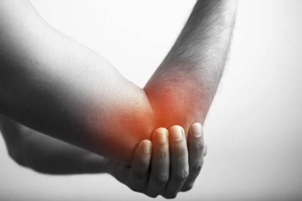 Red Highlight Glow Elbow Pain Point Monochrome Man Holding Elbow — Stock Photo, Image