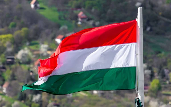 Close Hungarian Flag Fluttering Wind Realistic — Stock Photo, Image