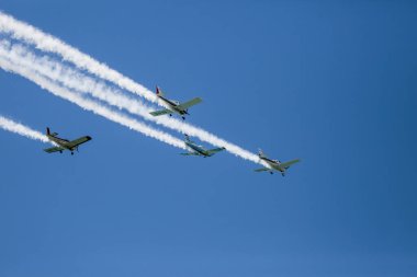 A low angle shot of an aircraft display in a blue sky over Malaga, Spain