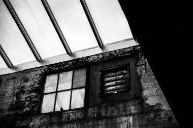 A low angle shot of old building windows and glass ceiling in black and white