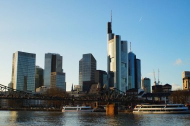 View of the skyline of the banking district in Frankfurt on a sunny winter evening on the banks of the river Main.