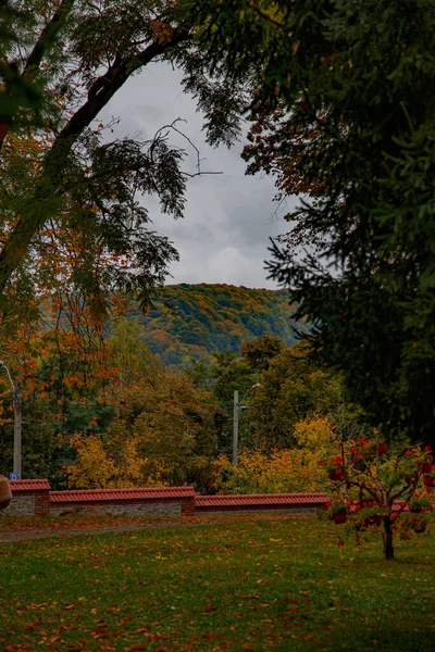 Een Verticaal Schot Van Rode Rails Tegen Bergen Bedekt Met — Stockfoto