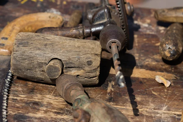 Antique Artisan Carpenter Tools Wooden Board Selective Approach — Stock Photo, Image