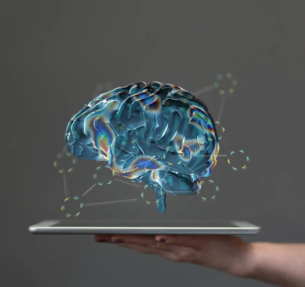 Hologram Brain Algorithms Concept Coming Out Tablet — Stockfoto