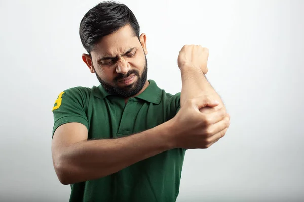 Hand Pain Elbow Injury Yelling Expression Man Holding His Elbow — Stock fotografie