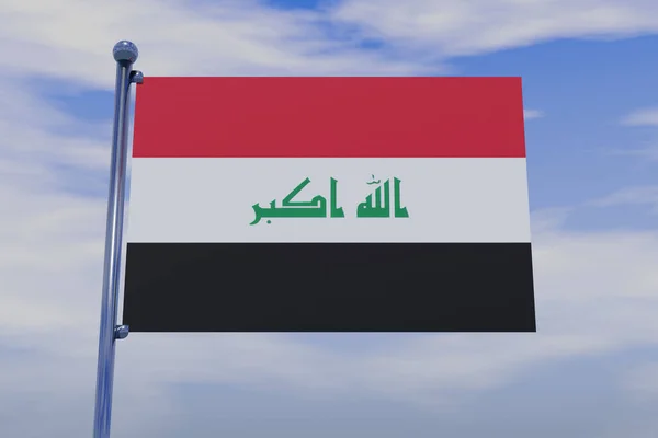 青い空にスナップフックを持つクロムフラグポールとイラクの旗の3Dイラスト — ストック写真