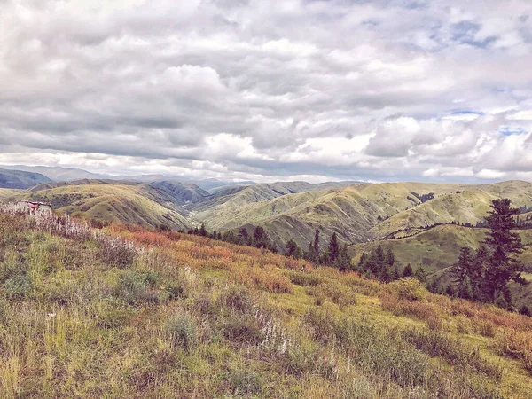 Large Valley Ridge Grass White Clouds Sky — Stock Photo, Image