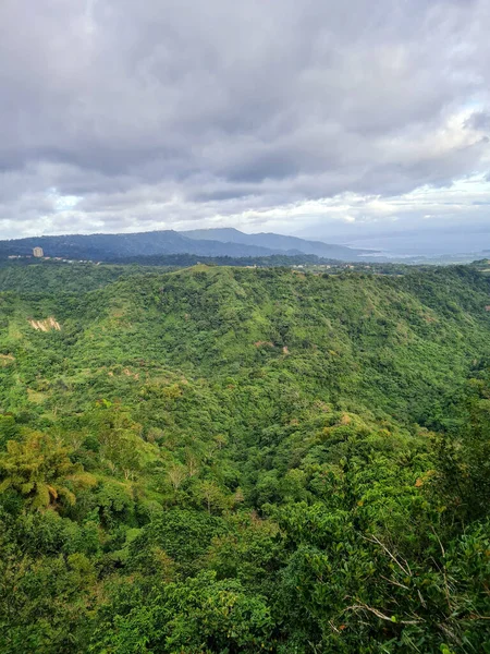 Piękny Krajobraz Zielonego Lasu Górami Tle Pochmurny Dzień — Zdjęcie stockowe