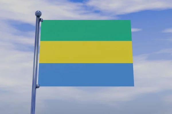 Illustration Gabons Flagga Med Kromflaggstång Med Knäppkrokar Blå Himmel — Stockfoto