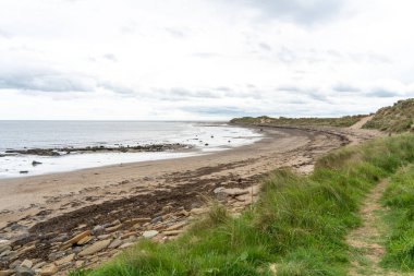 Amble Links plajındaki manzara, Northumberland, İngiltere, deniz kıyısında yürüyüş yapan insanlar. Doğal, vahşi plajların tadını çıkarma kavramı.