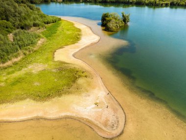 Güneşli bir günde mavi bir göle karşı yeşillikle kaplı kumlu bir sahilin kuş bakışı görüntüsü.