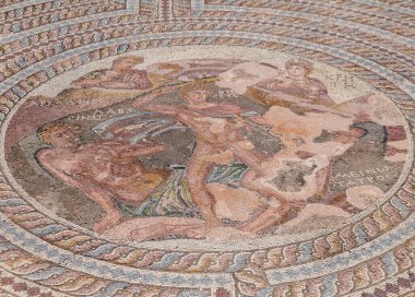 Kıbrıs Paphos 'taki tanrıların antik mozaik sahasına yakın çekim.