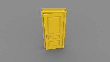 Açık, kapalı kapının yaratıcı çizimi, girişi gerçekçi sarı kapı girişi. Arka planda 3 boyutlu illüstrasyon.