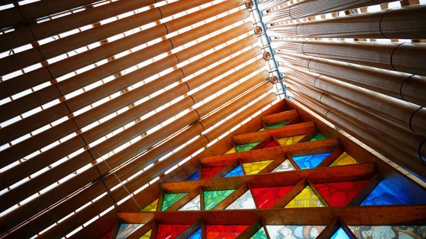 Low Angle Shot Stained Colorful Glass Windows Wooden Board Umbrella — 스톡 사진