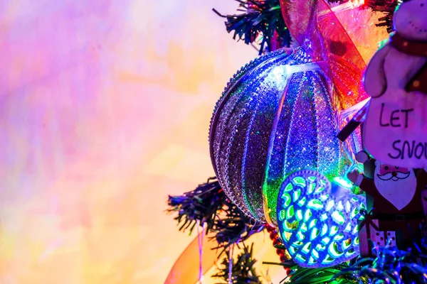 Closeup Shot Ornaments Illuminated Christmas Tree — Photo
