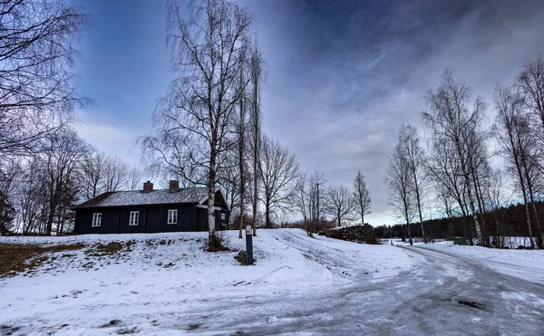 A snowy scene with bare trees surrounding a dark wooden cabin under a bright cloudy sky on a winter day