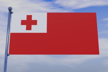 Mavi gökyüzünde krom bir bayrak direğiyle Tonga bayrağının 3 boyutlu bir çizimi