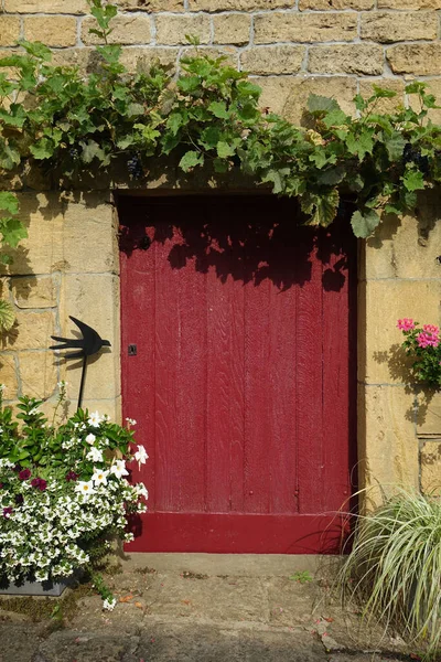 Vertical Shot Red Door Covered Flowers Torgny Luxembourg — Stock Photo, Image