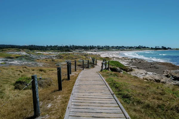 Sendero Madera Vacío Pasando Por Una Playa Rocosa Día Soleado — Foto de Stock