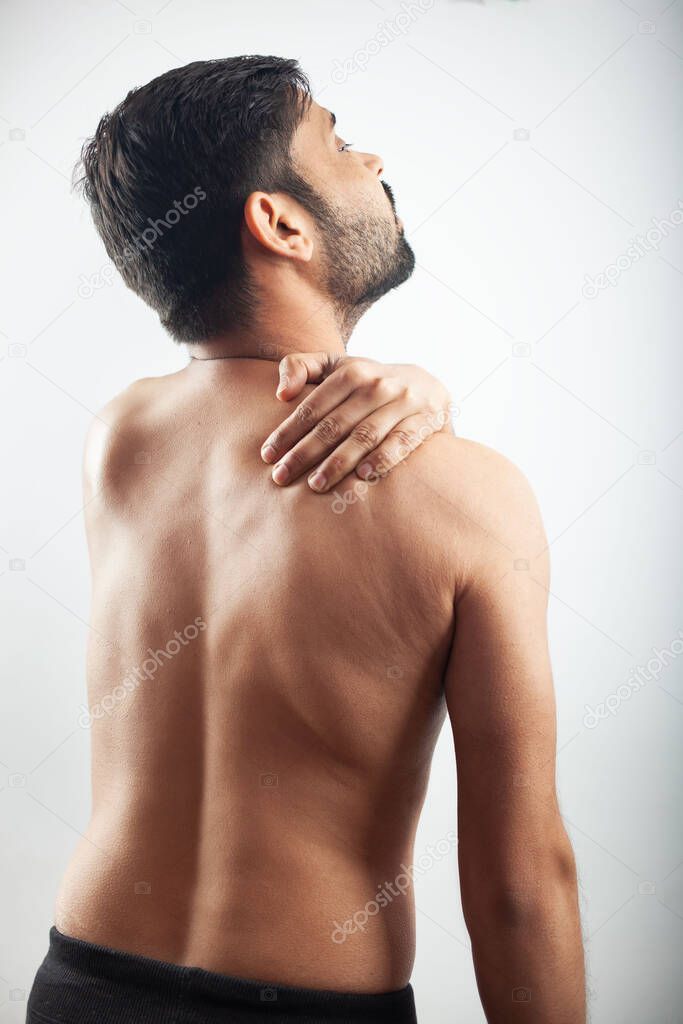backache, body pain, shoulder blade injury, scapula soreness, shirtless male body suffering from backache