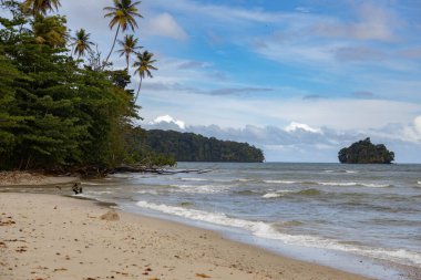 Mavi bulutlu arka planda manzaralı bir plaj manzarası