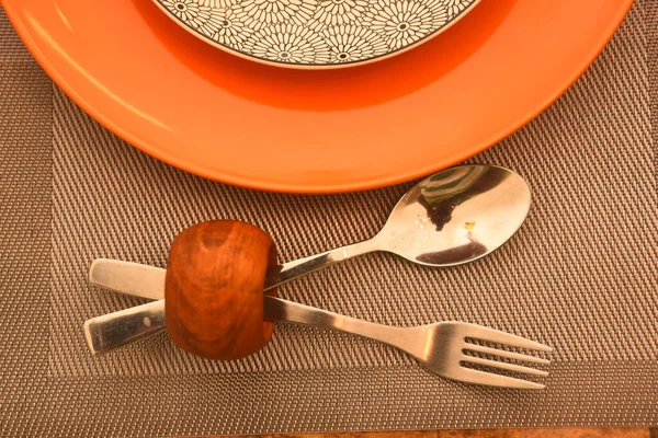 Closeup Shot Silver Fork Spoon Colorful Plates — Foto de Stock