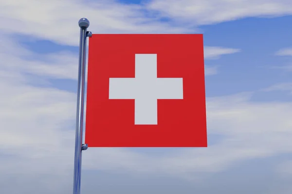 Illustration Flaggan Schweiz Med Kromflaggstång Med Knäppkrokar Blå Himmel — Stockfoto