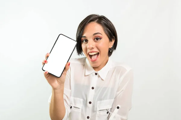Closeup Young Latin American Woman Cell Phone Hand White Background — Foto de Stock