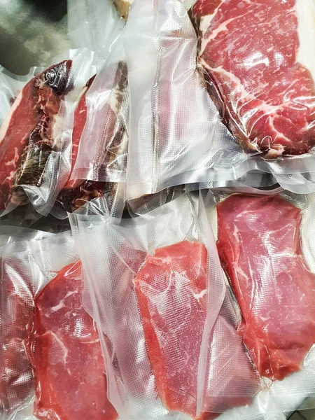 Vertical Closeup Meat Plastic Bags — Foto Stock