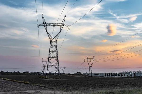 Some High Voltage Lines Colorful Cloudy Sky Sunset — Stock Photo, Image