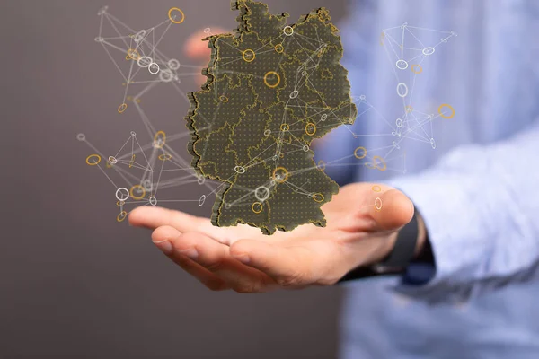 Rendered Map Germany Binary Digits Hovering Person Hand Background —  Fotos de Stock