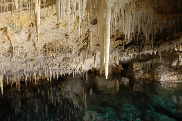 Stalactites Reflecting Subterranean Tidal Lake Limestone Cave Concept Mystery Fantasy — Stock Photo, Image