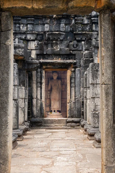 Arka planda Buda heykeli olan Sri Lanka 'daki eski bir Budist binasının dikey görüntüsü.