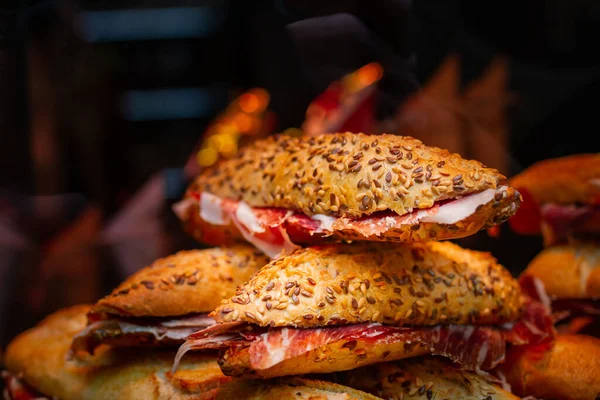 Serrano Ham Sandwich Seeds Dark Background Spanish Gastronomy Concept Selective — Stock Photo, Image